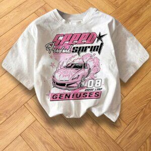 White Y2K Pink Racing Car Graphic Tee Speed Street Style Shirt